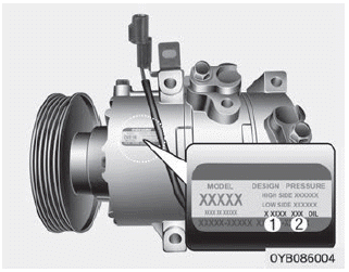 Kia Soul. Air conditioner compressor label. Refrigerant label