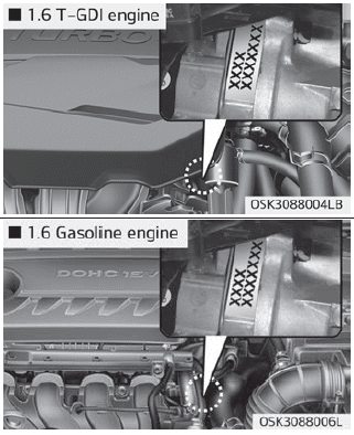 Kia Soul. Tire specification and pressure label. Engine number